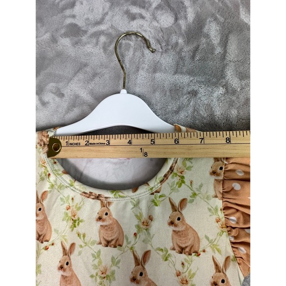 Bunny Print Dress Peach Polka Dot Ruffle Sleeve Easter Spring Kids 4T - Picture 5 of 10